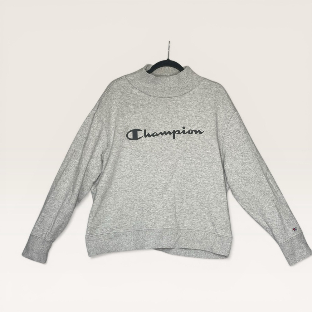 Champion Cropped Sweatshirt XL Gray Mock Neck Logo Oversized Athleisure #oo